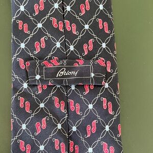 Brioni Navy Silk Tie with Red & Light Blue Motif